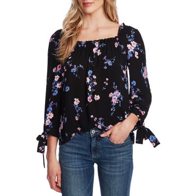 Cece Watercolor Daisies Square Neck Tie Cuff Crepe Top