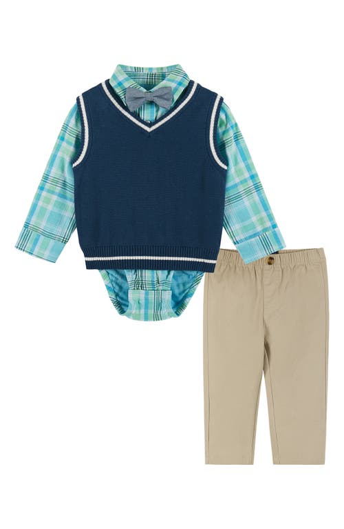 Andy & Evan Plaid Button-Up Bodysuit, Sweater Vest, Bow Tie & Pants Set in Green Plaid 