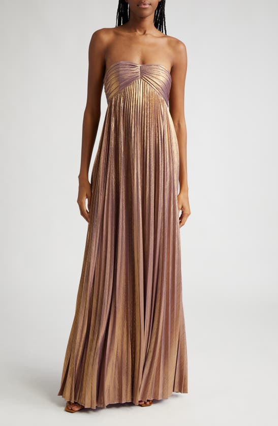 Retroféte Lyanna Metallic Pleated Strapless Gown In Purple/ Gold