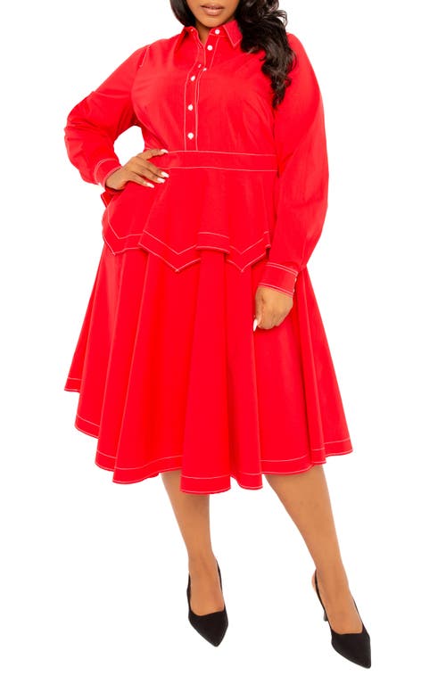 Shop Buxom Couture Topstitched Long Sleeve Peplum Shirtdress In Red