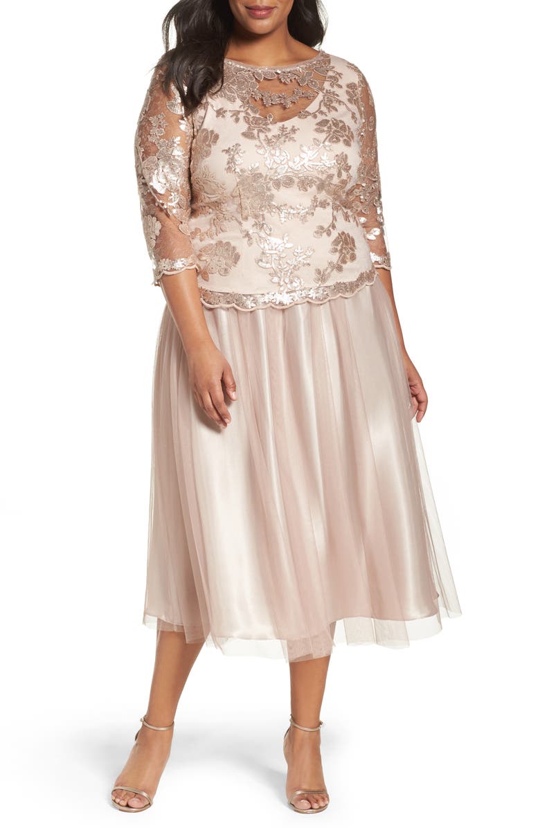 Alex Evenings Embroidered Bodice Tea-Length Dress (Plus Size) | Nordstrom