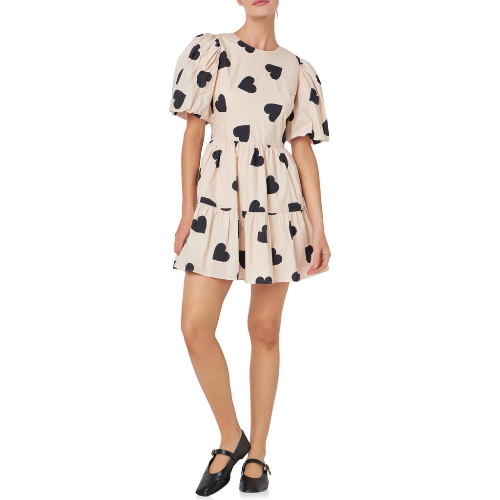 English Factory Heart Print Back Cutout Minidress In Ivory/black