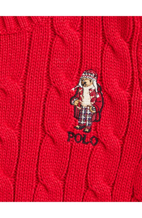 Shop Ralph Lauren Polo Bear Embroidered Cabled Cotton Crewneck Sweater In Red