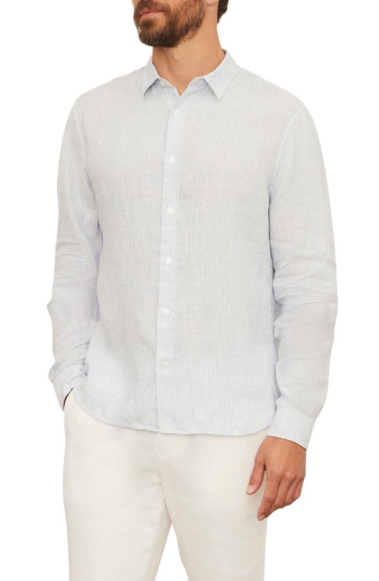 Vince Stripe Linen Button-down Shirt In Cerulean/ Off White