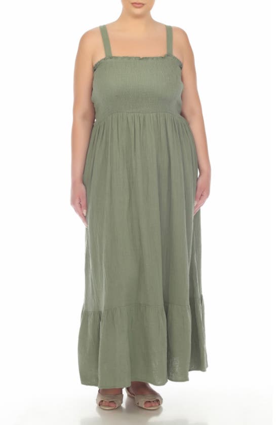 Shop Boho Me Smocked Tiered Cotton Maxi Sundress In Olive