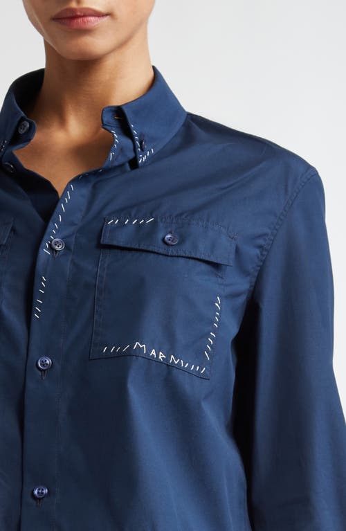 Shop Marni Embroidered Logo Crop Cotton Poplin Button-down Shirt In Light Navy