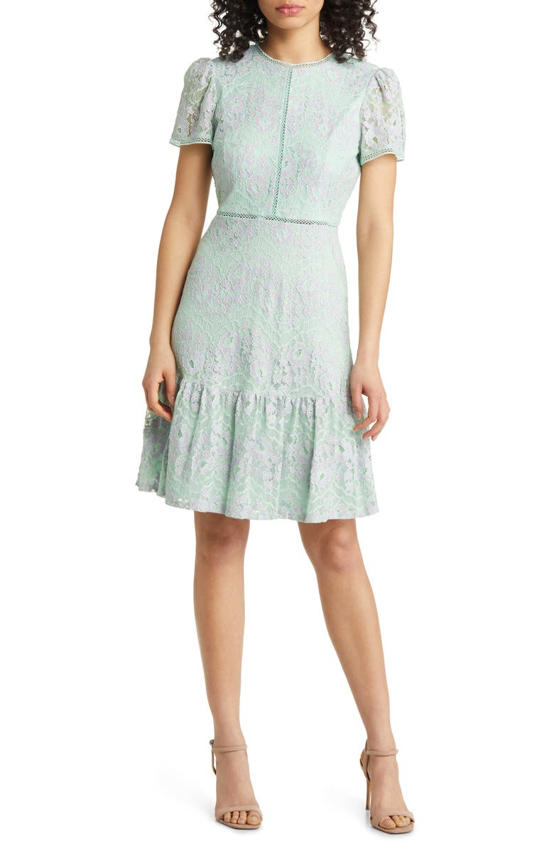 Tahari ASL Embroidered Crochet Inset A-Line Dress, Main, color, 