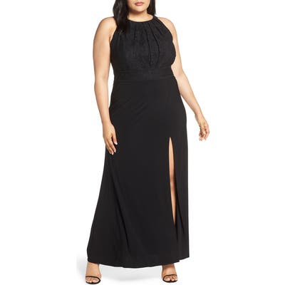 Plus Size Morgan & Co. Pleat Lace Bodice Evening Dress, Black