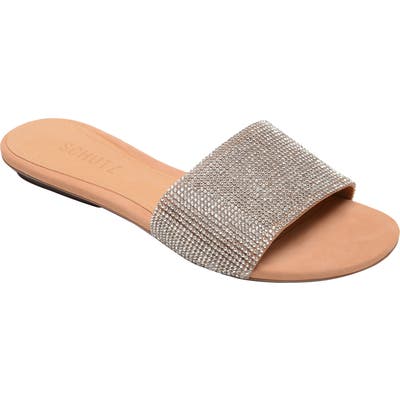 Schutz Queren Embellished Slide Sandal, Metallic