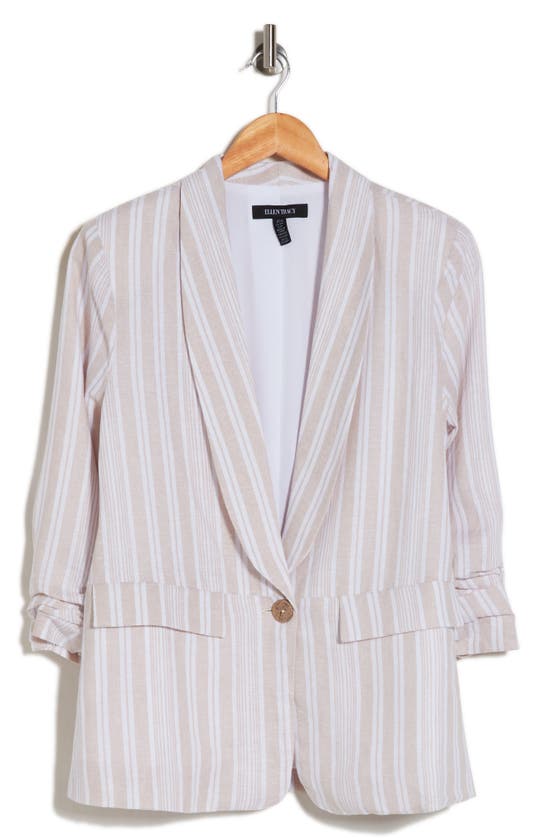 Ellen Tracy Ruched Sleeve Linen Blend Blazer In Linen/ White Stripe