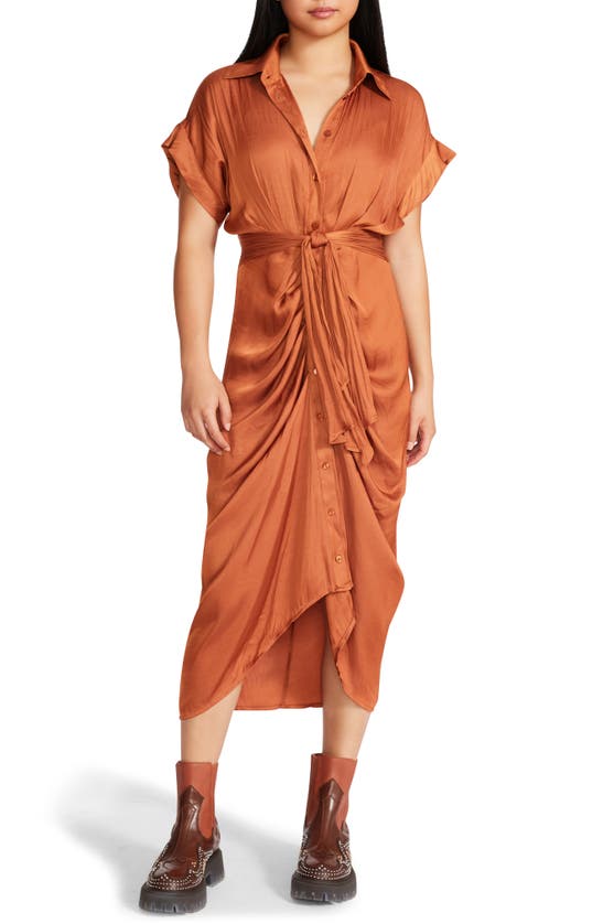 Steve Madden Tori Tie Waist Midi Shirtdress In Mocha Bisque