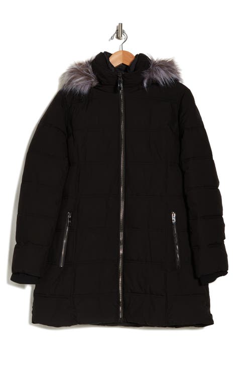 Hooded Water Resistant Jacket with Faux Fur Trim