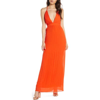 Fame And Partners The Caspian Plunge Neck Plisse Chiffon Gown, Orange