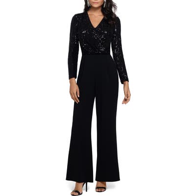 Xscape Sequin Long Sleeve Crepe Jumpsuit, Black