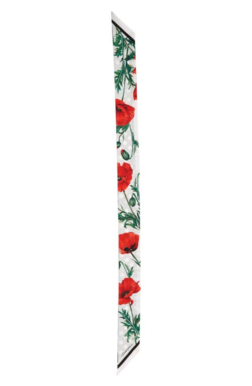 Dolce & Gabbana Polka Dot & Floral Print Silk Skinny Scarf in White/red