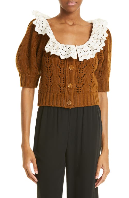 Sea Zia Lace Collar Pointelle Wool Cardigan in Chestnut