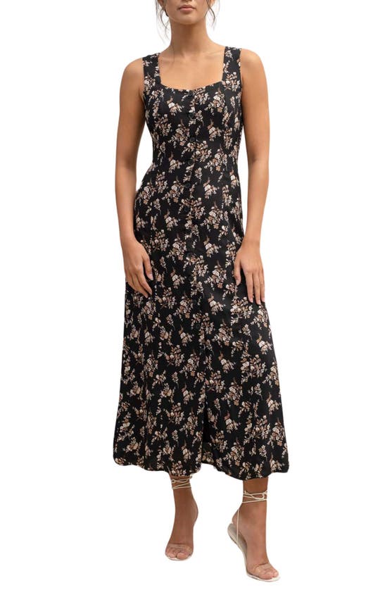 Blu Pepper Floral Sleeveless Button Front Midi Dress In Black