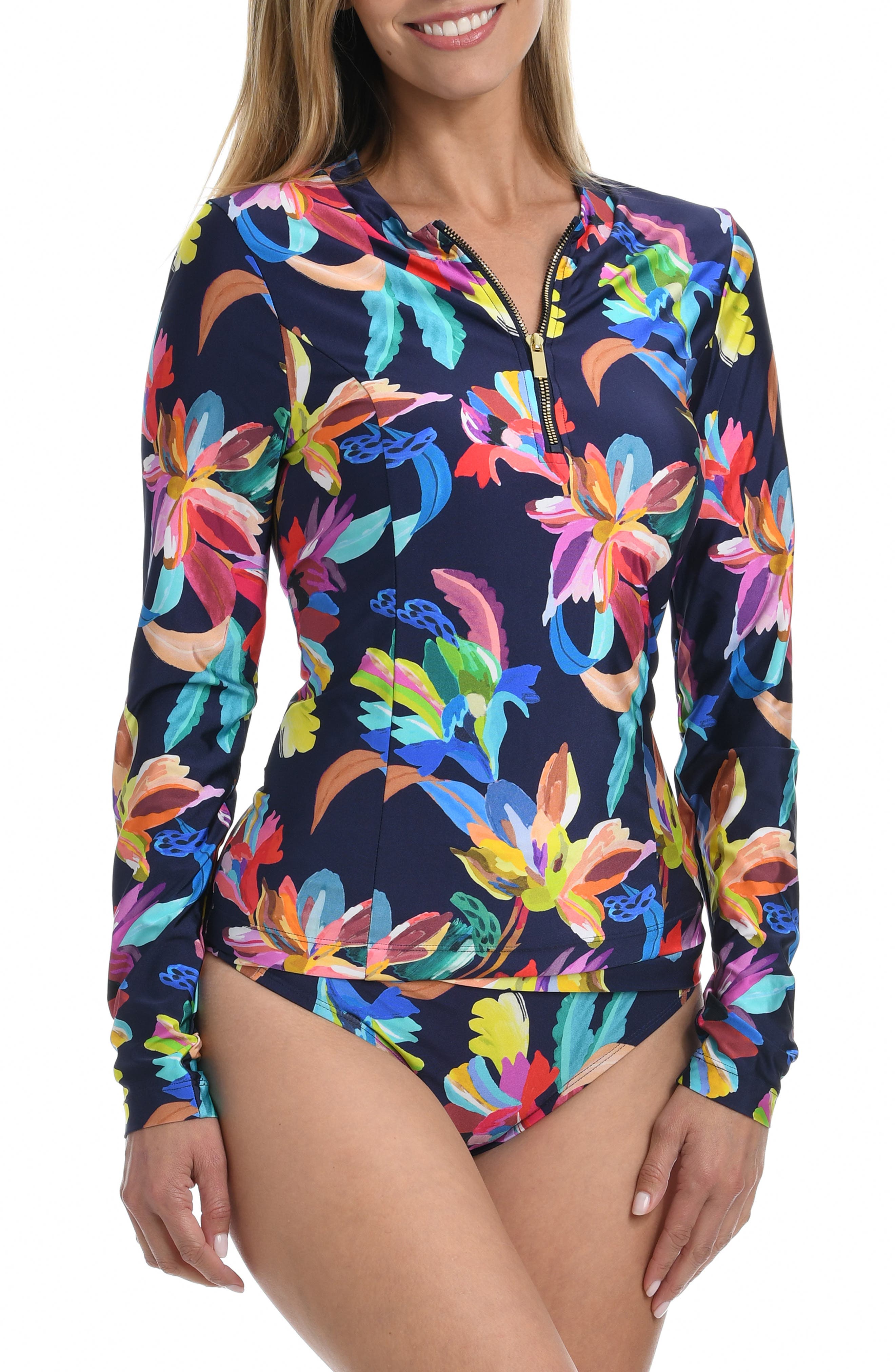 Z-one Women New Flower Print Athletic Tops Swimsuits Zipped Long Sleeve Tankini Top Sports Swimwear