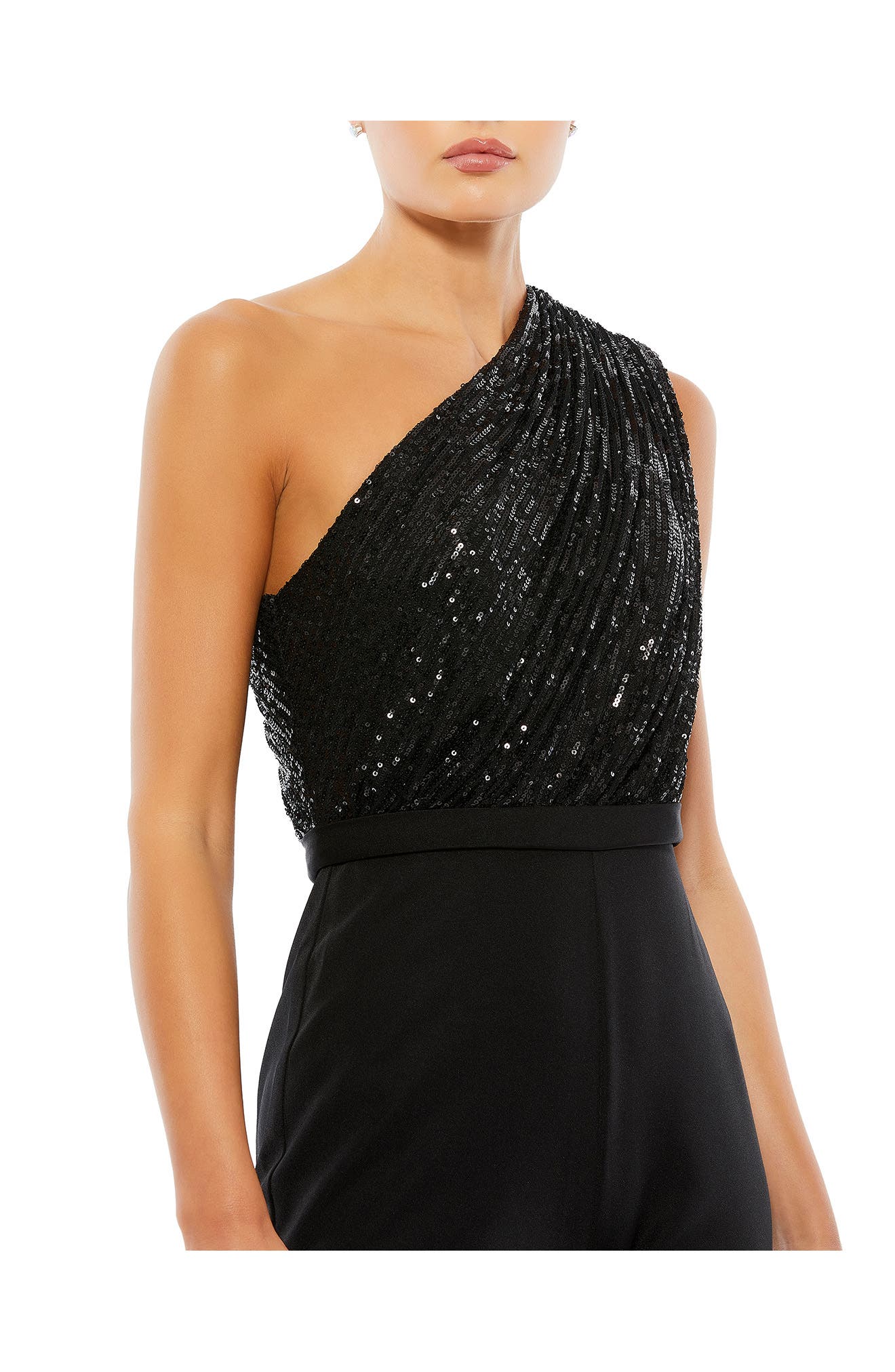 black sequin one shoulder jumpsuit