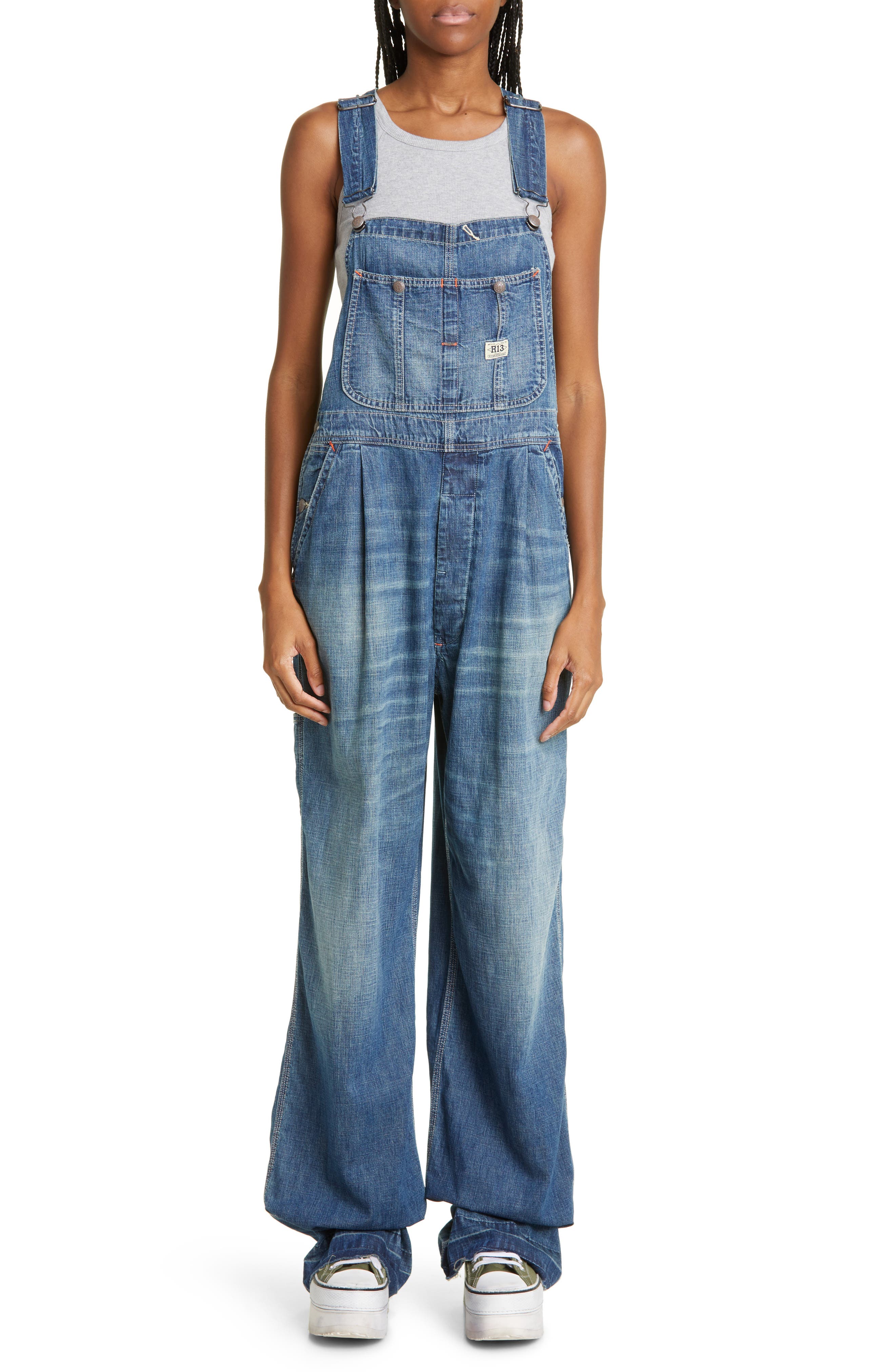 R13 Damon Pleated Wide Leg Denim Overalls Nordstrom