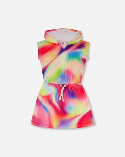Baby Girl Mid-Season Dress In Terry Stuff Magic Design Aqua Color