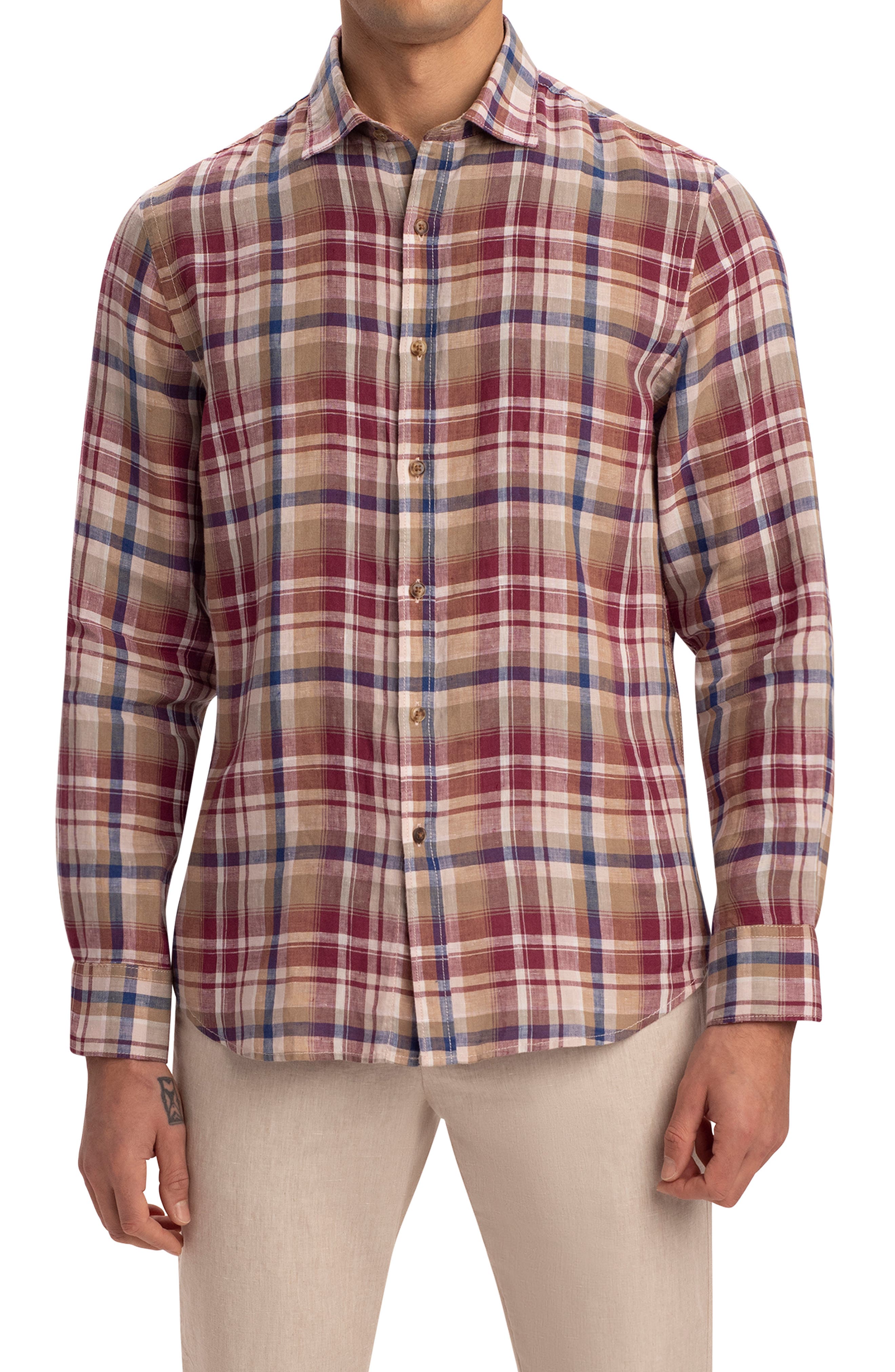 Bugatchi Shaped Fit Plaid Linen Button 