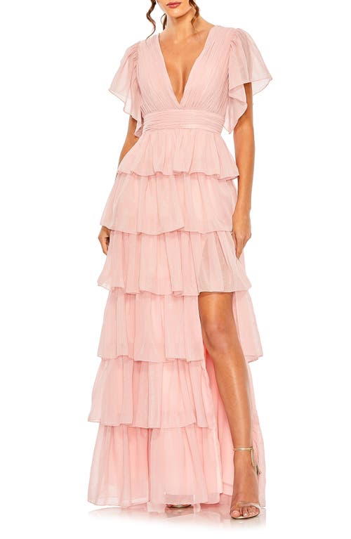 Metallic Flutter Sleeve Ruffle Tiered Gown in Petal Pink