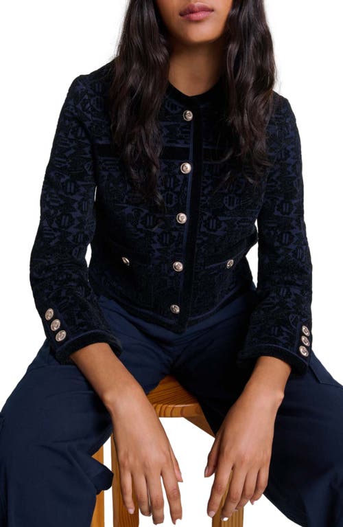 Shop Maje Velvet Knit Cardigan In Black/navy