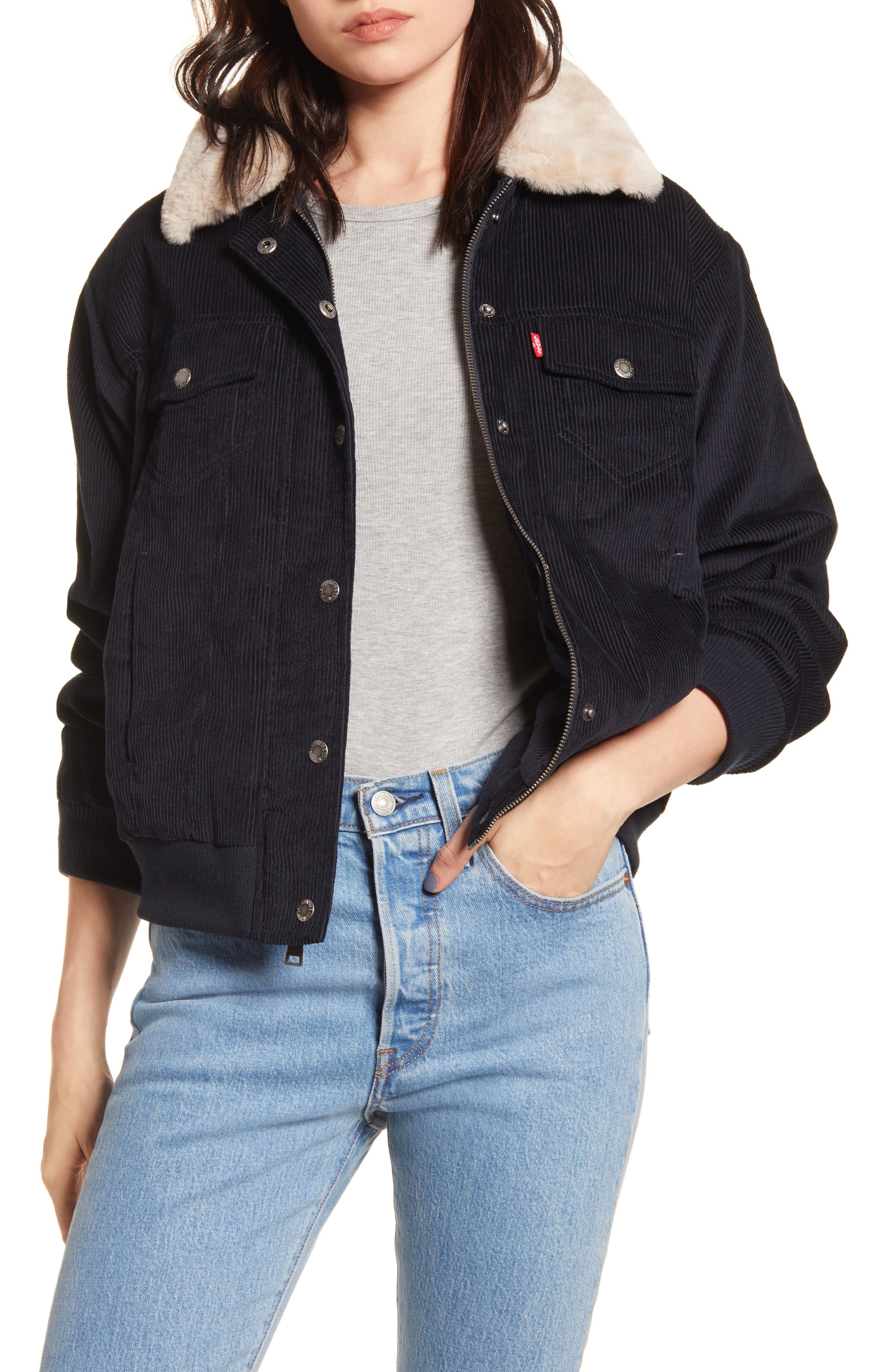 levi's faux fur collar corduroy bomber jacket