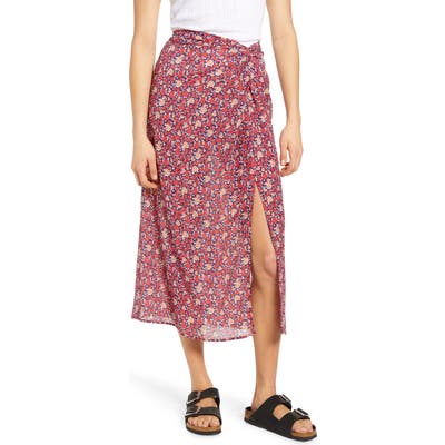 Good Luck Gem Twist Waist Floral Midi Skirt, Red