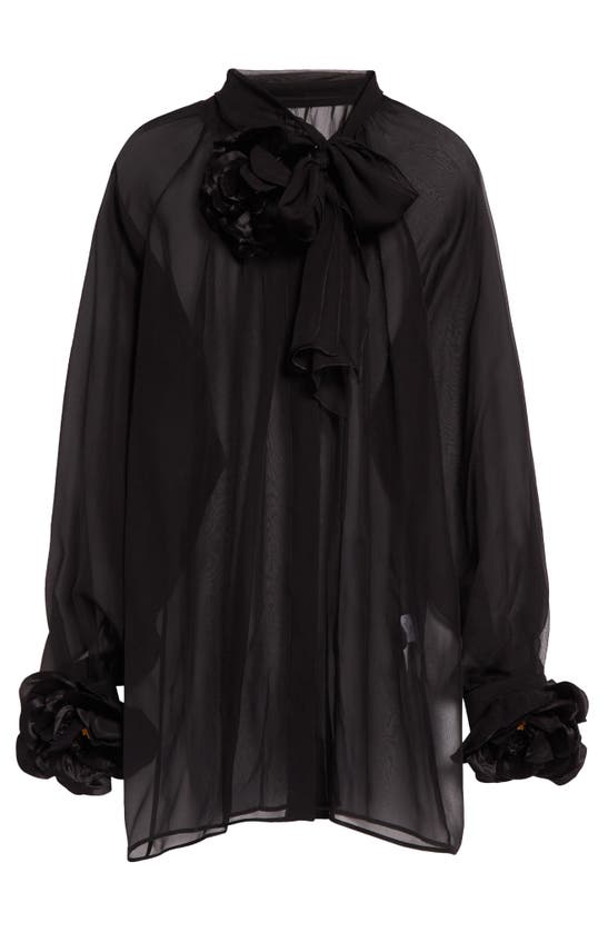 Shop Dolce & Gabbana Floral Appliqué Tie Neck Sheer Silk Shirt In Nero