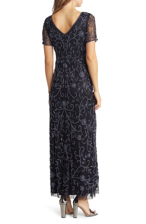 Shop Pisarro Nights Floral Beaded Short Sleeve A-line Gown In Black/gunmetal