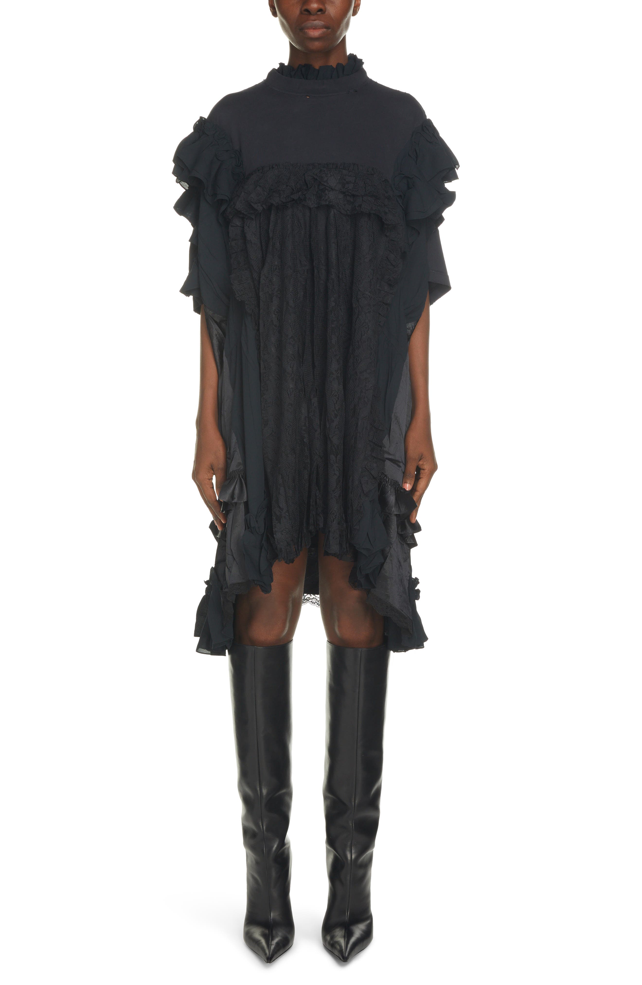 Balenciaga Mixed Media Babydoll Dress in Black at Nordstrom, Size 8 Us
