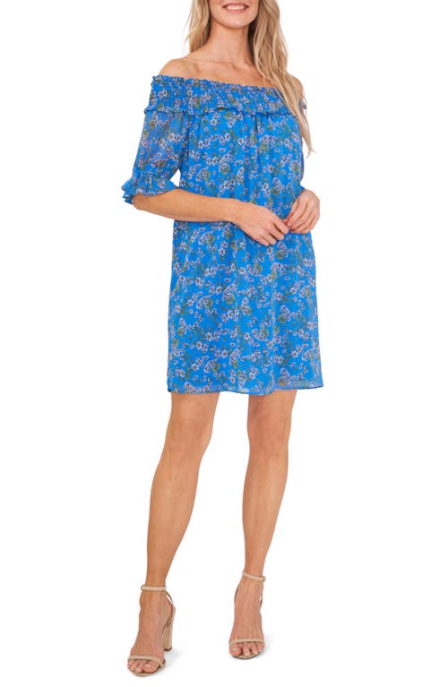 CeCe Floral Print Off the Shoulder Shift Dress in Ocean Blue at Nordstrom, Size 4