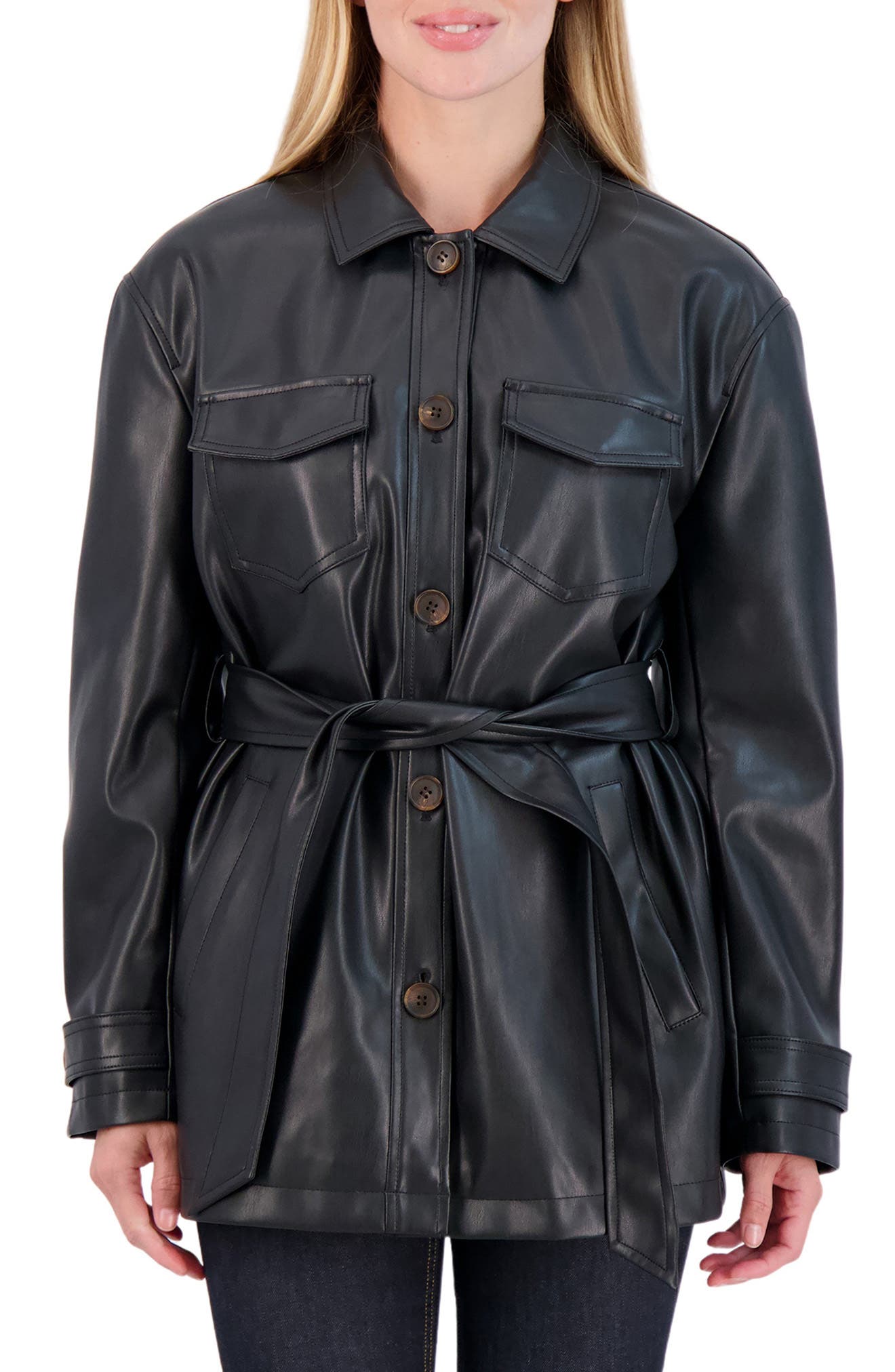 black leather tie waist jacket