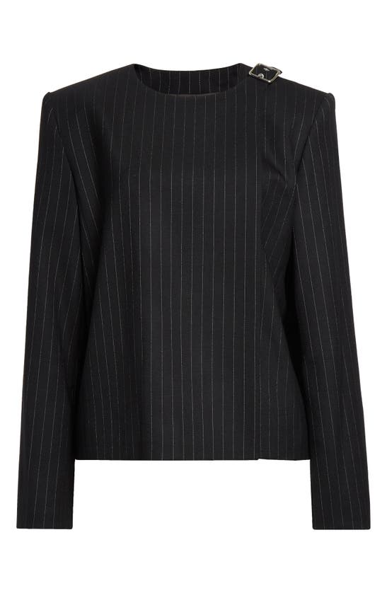Shop Courrèges Pinstripe Stretch Wool Wrap Jacket In Black/ White