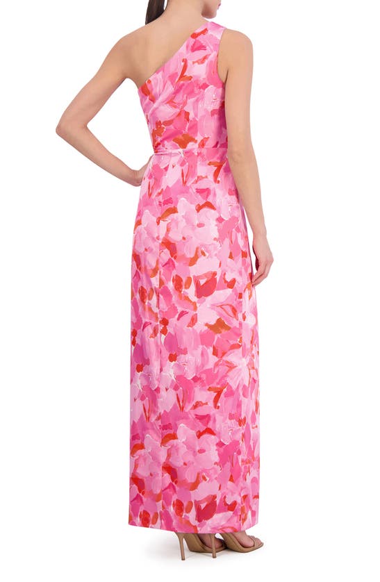 Shop Vince Camuto Floral One-shoulder Satin Sheath Gown In Bright Fuschia