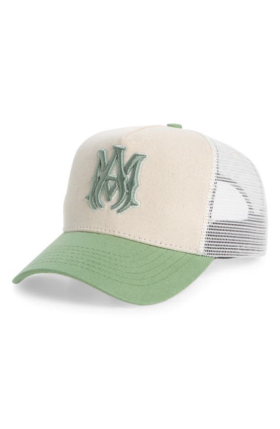 Shop Amiri Monogram Cotton Trucker Hat In Natural Mineral Green