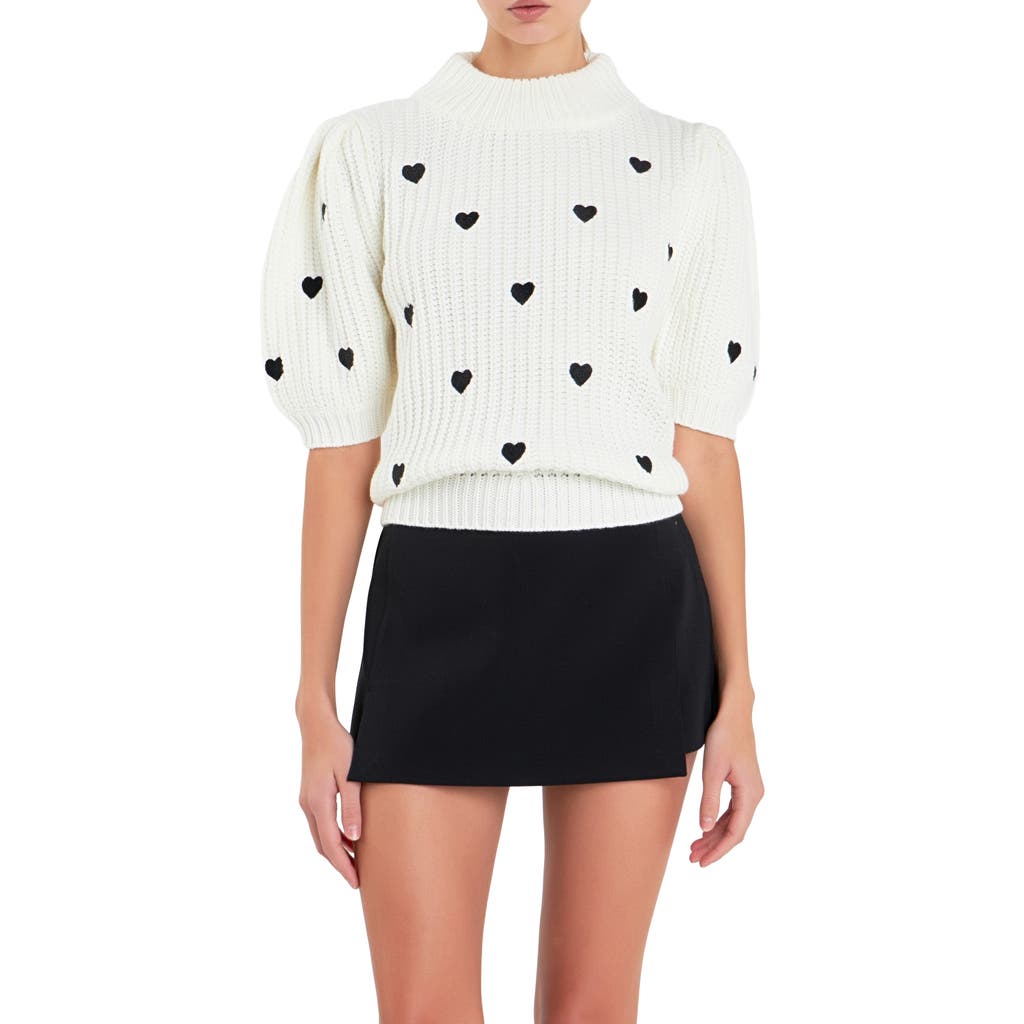 English Factory Heart Embroidered Puff Sleeve Sweater In Multi