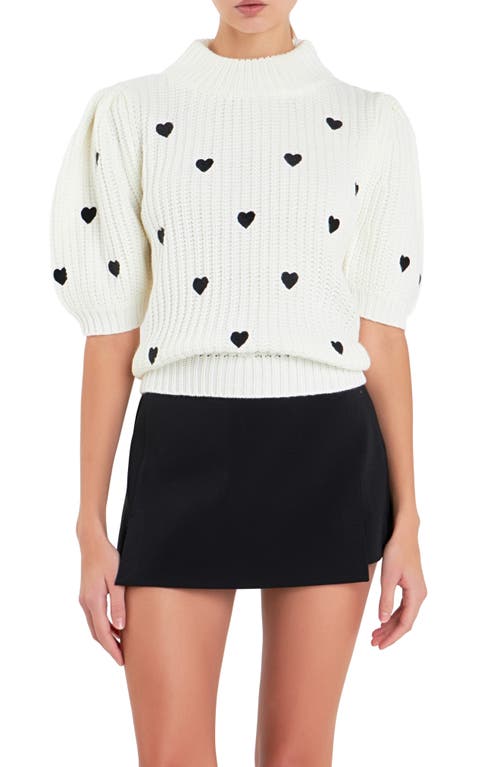 Shop English Factory Heart Embroidered Puff Sleeve Sweater In White/black