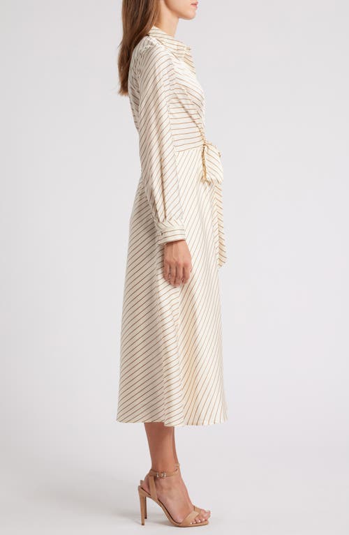 Shop Zoe And Claire Stripe Long Sleeve Satin Shirtdress In Champagne