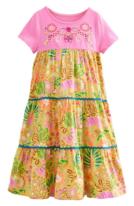 Mini Boden Kids' Print Tiered Cotton Maxi Dress In Gooseberry Floral Animals