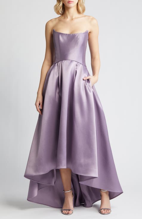 High Low Strapless Purple Satin Floral Long Prom Dresses, High Low
