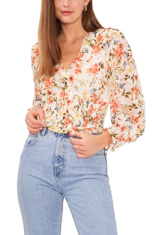 1.STATE Floral Print Smocked Waist Top in Ivory at Nordstrom, Size X-Small