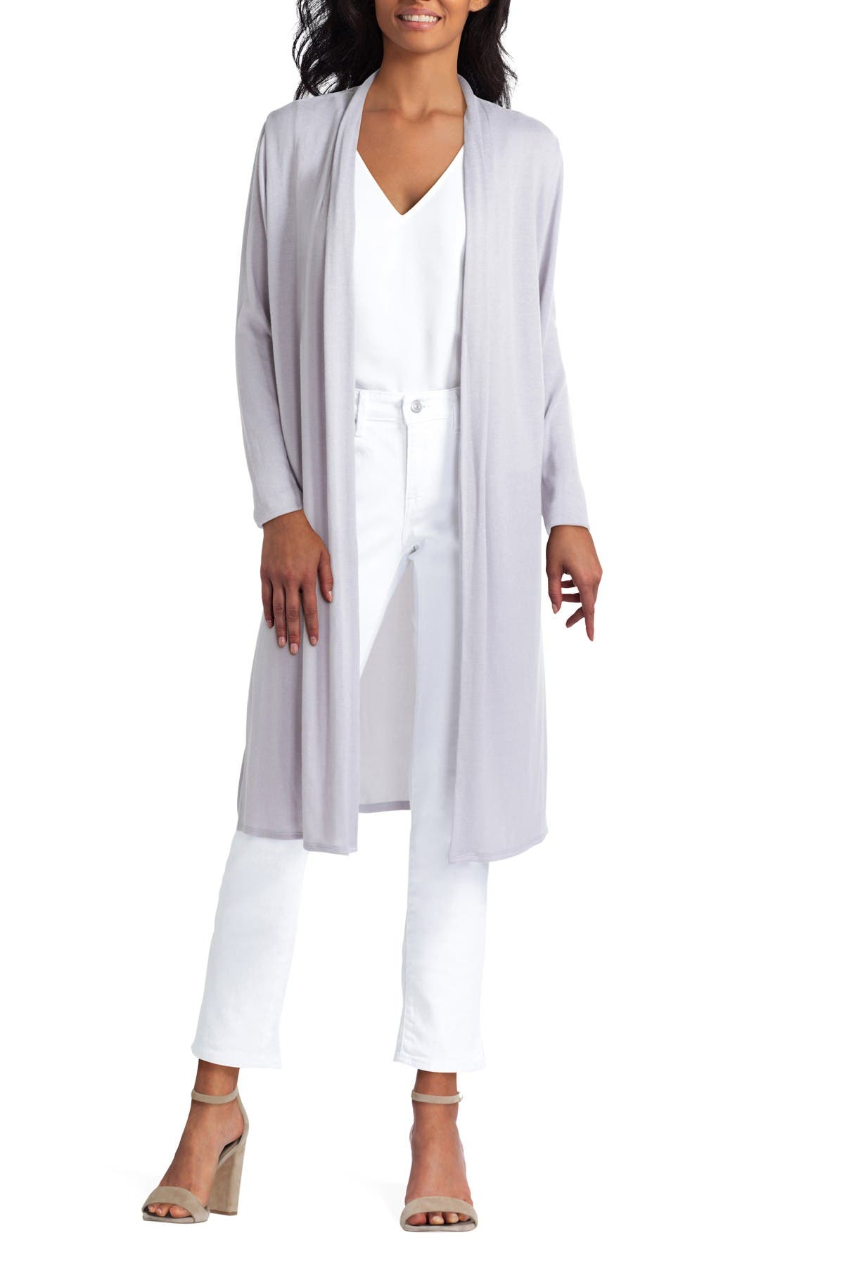 H Halston Open Front Long Sleeve Cardigan Duster In Raindrops