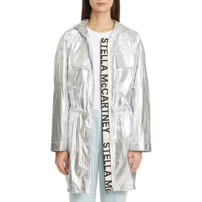 Stella Mccartney Noelia Logo Tape Metallic Hooded Parka, US / 44 IT - Grey
