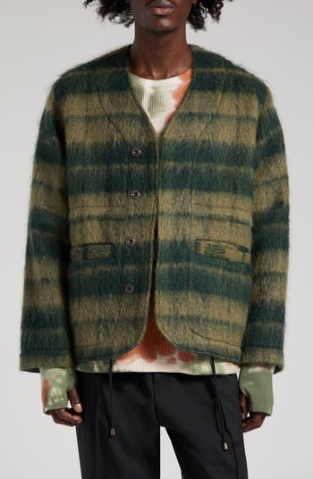 Collarless Plaid Wool & Mohair Blend Jacket