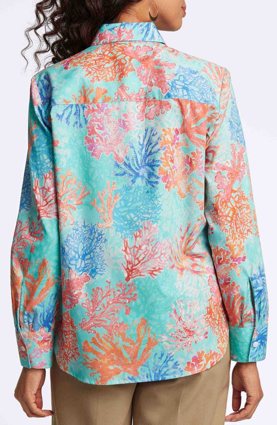 Foxcroft Meghan Coral Print Cotton Button-up Shirt In Blue Multi