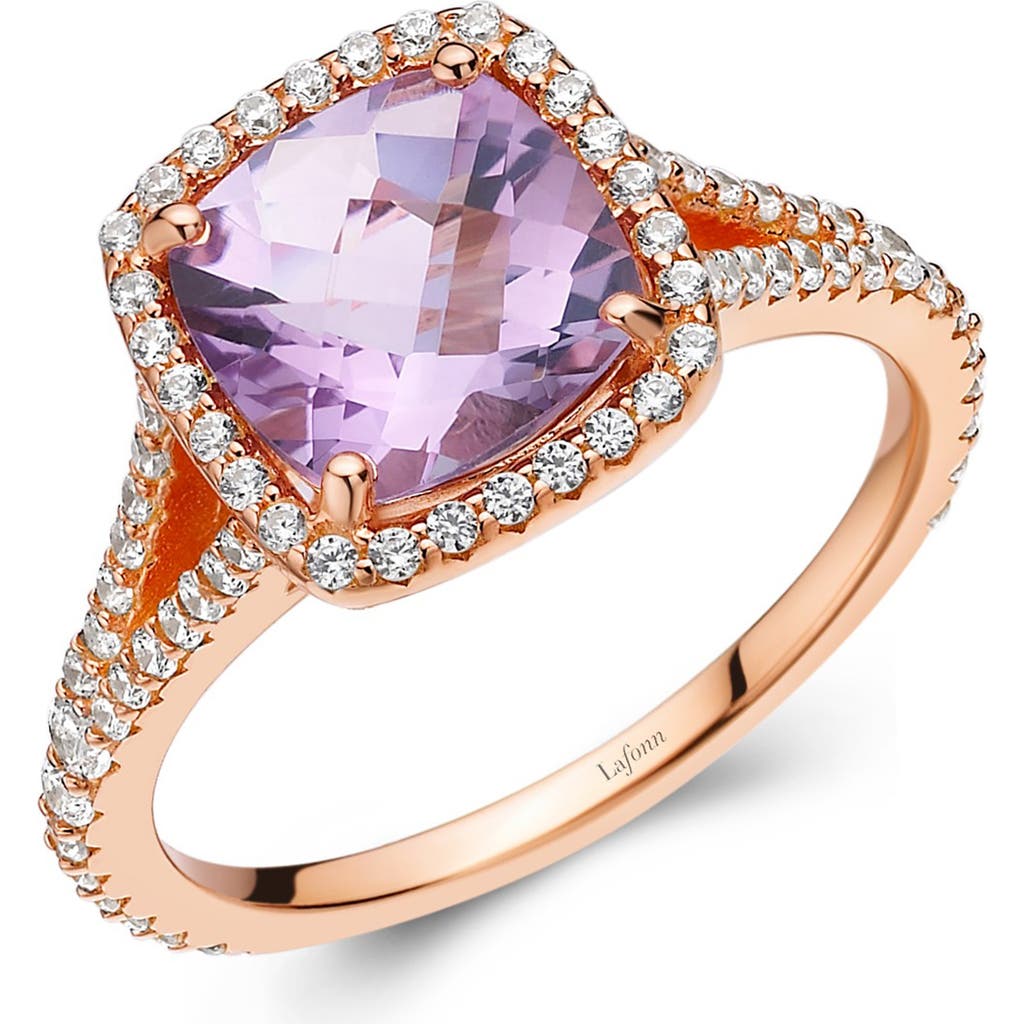 Lafonn Rose Gold Plated Sterling Silver Cushion Cut Amethyst Simulated Diamond Halo Split Shank Ring In White/amethyst