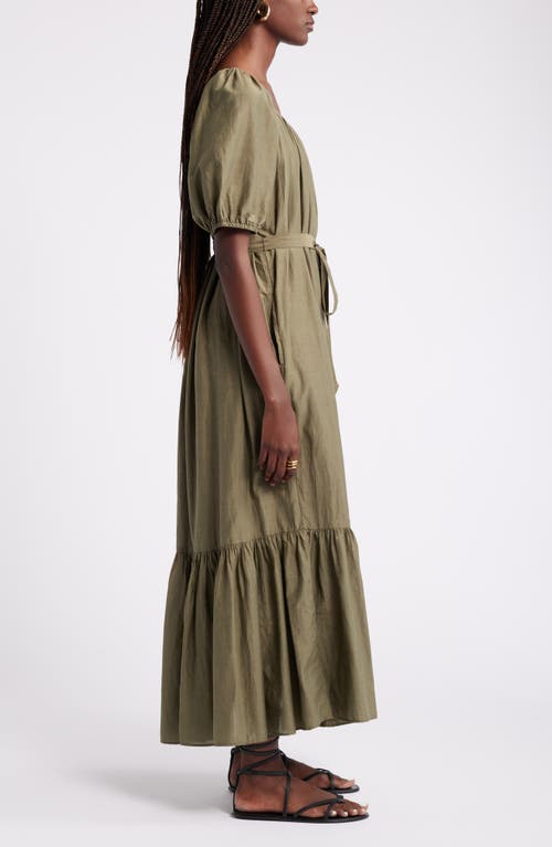 Shop Nordstrom Tiered Blouson Sleeve Cotton & Silk Maxi Dress In Olive Burnt